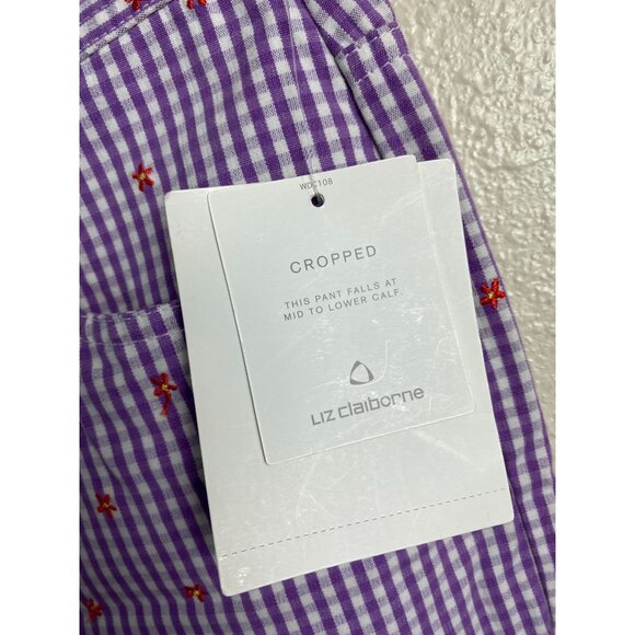Liz Claiborne Women Cropped Pants Purple Gingham Plaid Floral Embroidered Size 8 - Picture 5 of 15